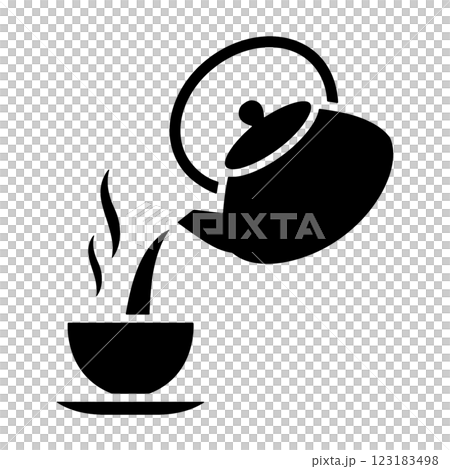 茶從鑄鐵茶壺倒入茶杯的輪廓插圖,在透明背景上切出 茶從鑄鐵茶壺倒入茶杯的輪廓插圖,在透明背景上切出 123183498