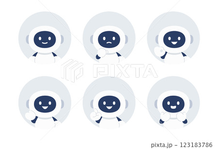 いろいろな表情･ポーズをするAIロボットの顔アイコンセット【ベクターイラスト素材】 123183786