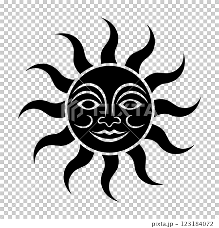 Black silhouette illustration of a sun with an eerie smiling face, cut out on a transparent background 123184072