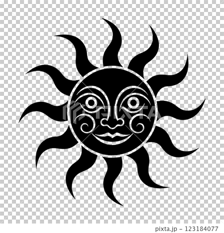 不気味な笑顔の表情の太陽の黒いシルエットイラスト　透過背景の切り抜き 123184077