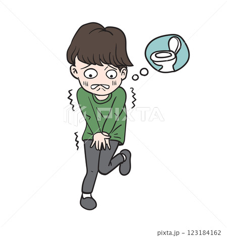 Cartoon of Man waiting for toilet with abdominal pain 123184162