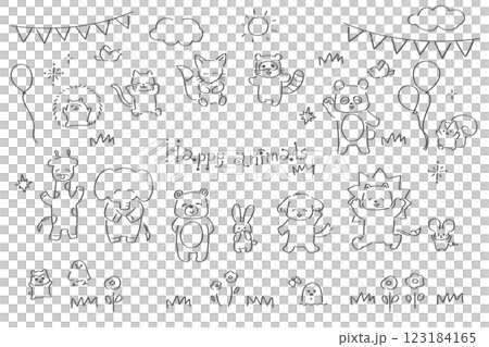 Cute and relaxed line drawing of animals, full body illustration set Cute and relaxed line drawing of animals, full body illustration set 123184165
