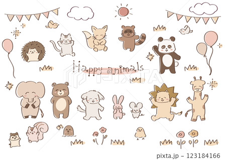 セピアカラーのゆるかわいい全身動物イラストセット 123184166