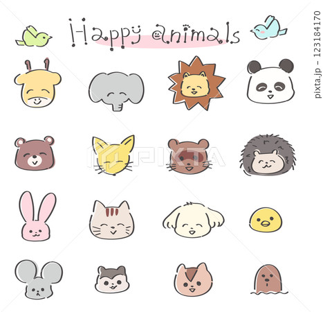 ゆるかわいい落書き風の動物イラストセット 顔 カラフルのイラスト素材