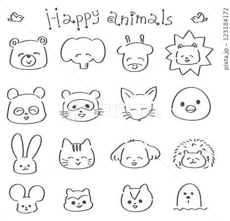 ゆるかわいい手書き線画の動物イラストセット　顔　白黒 123184172