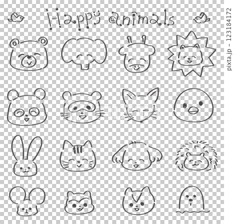 ゆるかわいい手書き線画の動物イラストセット　顔　白黒 123184172
