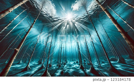 青い池を水中からイメージしたイラスト 123184178