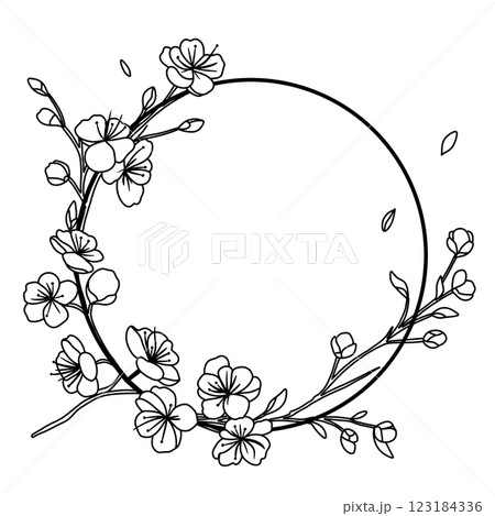 Cherry flower blossom Frame Wreath, botanical art. Spring almond, sakura, branch, hand draw doodle line art illustration. black ink art, isolated on white background. Realistic floral bloom sketch. 123184336