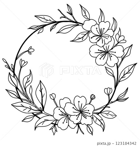 Cherry flower blossom Frame Wreath, botanical art. Spring almond, sakura, branch, hand draw doodle line art illustration. black ink art, isolated on white background. Realistic floral bloom sketch. Cherry flower blossom Frame Wreath, botanical art. Spring almond, sakura, branch, hand draw doodle line art illustration. black ink art, isolated on white background. Realistic floral bloom sketch. 123184342