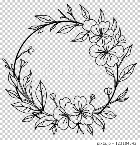 Cherry flower blossom Frame Wreath, botanical art. Spring almond, sakura, branch, hand draw doodle line art illustration. black ink art, isolated on white background. Realistic floral bloom sketch. Cherry flower blossom Frame Wreath, botanical art. Spring almond, sakura, branch, hand draw doodle line art illustration. black ink art, isolated on white background. Realistic floral bloom sketch. 123184342