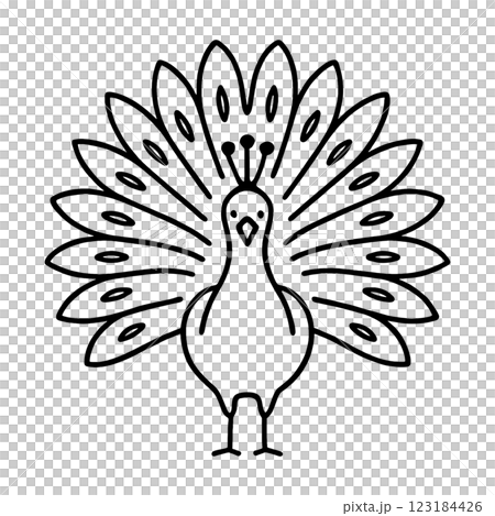 Rough hand-drawn line drawing of a peacock, cut out on transparent background 123184426