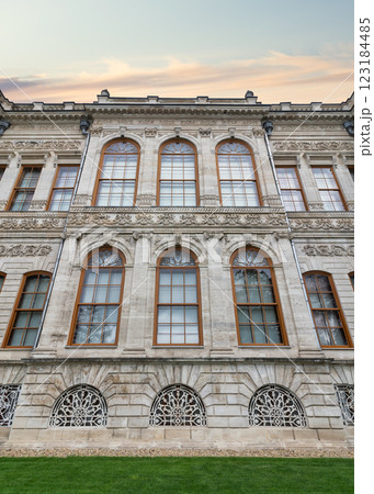 Side wall at Dolmabahce Palace, with small door and arched windows, Besiktas district, Bosphorus, Istanbul, Turkey 123184485