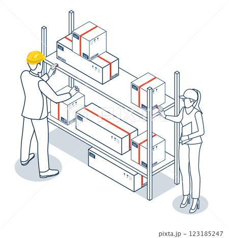 Male and female warehouse workers use barcode scanners to analyze newly arrived goods, ensuring accurate inventory management within the supply chain. 123185247
