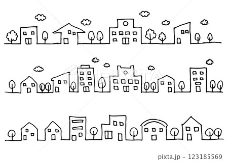 手書きの街並みのイラストの背景・パーツ素材セット 123185569