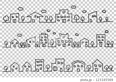 手書きの街並みのイラストの背景・パーツ素材セット 123185569
