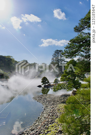 霧に覆われる幻想的な山陰の美しい日本庭園 123185647