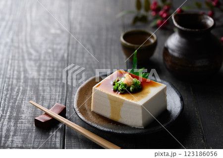 冷や奴 （ 絹ごし豆腐 ）黒背景 123186056