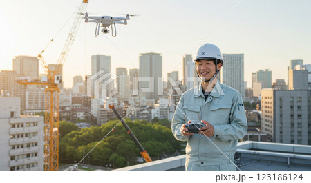 ドローンを操作する男性作業員 ドローンを操作する男性作業員 123186124