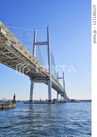 大黒埠頭から見上げる横浜ベイブリッジ 大黒埠頭から見上げる横浜ベイブリッジ 123186225