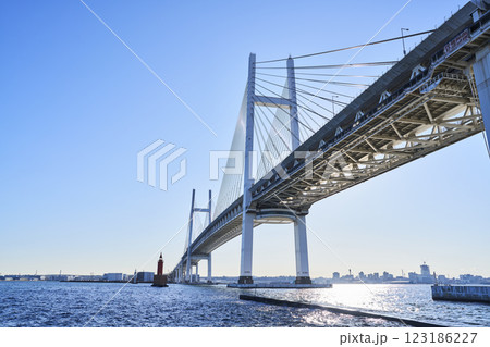 大黒埠頭から見上げる横浜ベイブリッジ 123186227