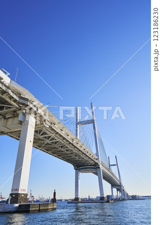 大黒埠頭から見上げる横浜ベイブリッジ 大黒埠頭から見上げる横浜ベイブリッジ 123186230