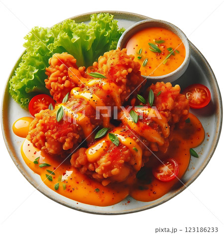Crunchy Fried Chicken Drenched in Spicy Orange Sauce 123186233