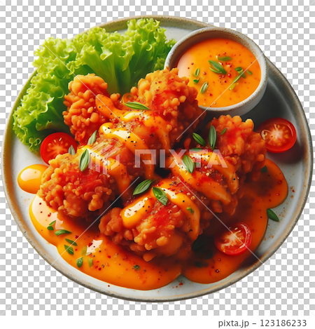 Crunchy Fried Chicken Drenched in Spicy Orange Sauce 123186233