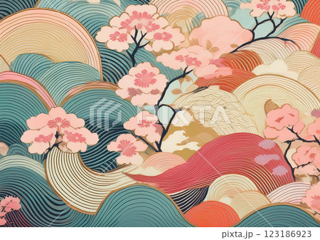 パステルカラーを使いパターンを意識した、日本柄の地模様桜とうねり 123186923