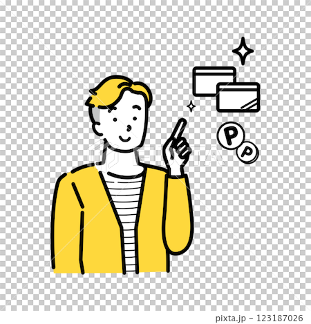 Illustration of a young man explaining credit cards and points, pointing, smiling 123187026
