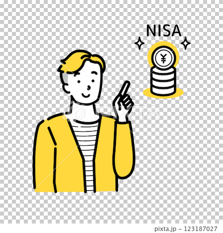Illustration of a young man explaining NISA, pointing, smiling 123187027
