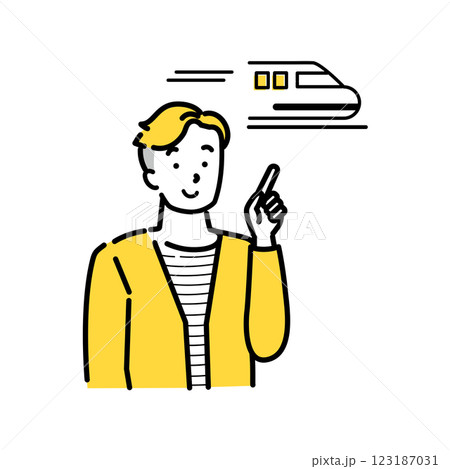 新幹線を思い出す若い男性のイラスト　指差し　笑顔　旅行 123187031