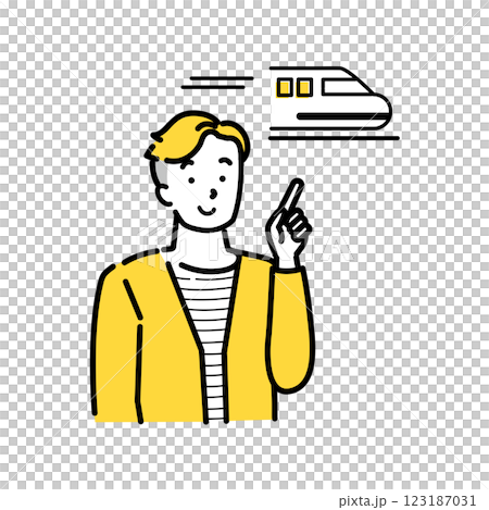 新幹線を思い出す若い男性のイラスト　指差し　笑顔　旅行 123187031