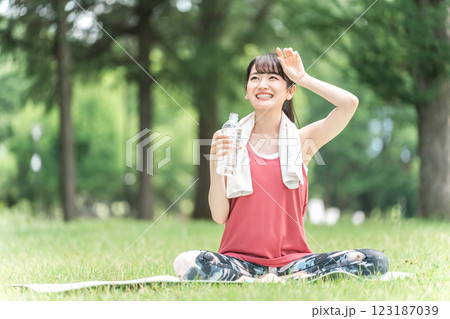 運動時に水を飲む女性（熱中症対策・水分補給・ミネラルウォーター） 123187039