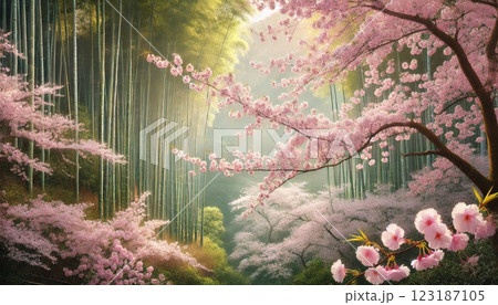竹林と桜が織りなす幻想的な春の風景 竹林と桜が織りなす幻想的な春の風景 123187105