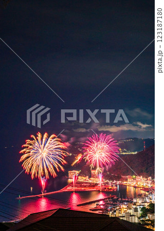 【静岡県】熱海100万ドルの夜景と海上花火大会　縦位置 123187180
