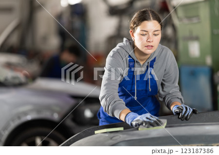 Young woman auto mechanic handle polishes body parts 123187386