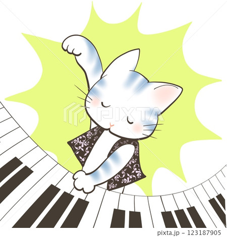 ねこがピアノの熱演をしているかわいいイラストのイラスト素材