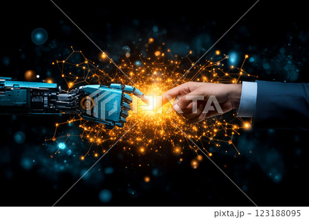 Human and Robot Hands Touching Symbolizing Connection and Learning in a Data Network Background 123188095