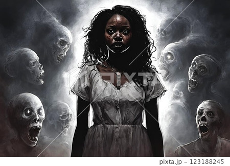 不気味な亡霊に囲まれて呪われている黒人女性のダークなイラスト 123188245