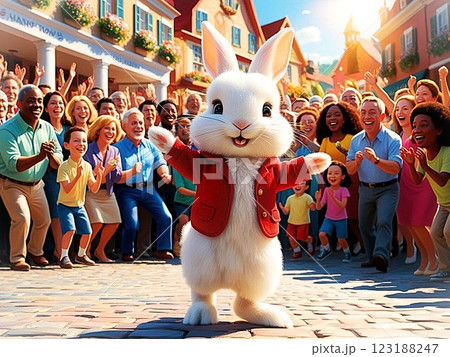 たくさんの群衆の前でポーズをきめているに二足歩行のかわいいウサギのキャラクター 123188247