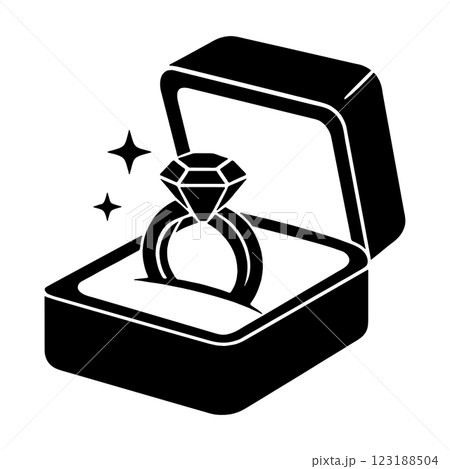 高級なケースに入っているダイヤモンドの指輪の黒いシルエットのピクトグラムイラスト　透過背景の切り抜き 123188504