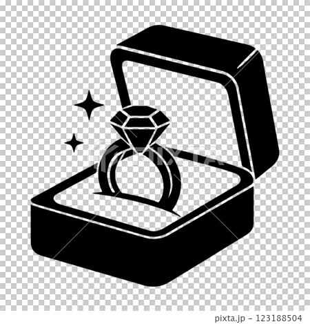 高級なケースに入っているダイヤモンドの指輪の黒いシルエットのピクトグラムイラスト　透過背景の切り抜き 123188504