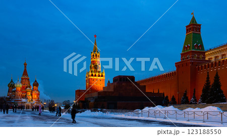 Night view of Saint Basils Cathedral and Spasskaya Tower on Red Square in Moscow 123188550