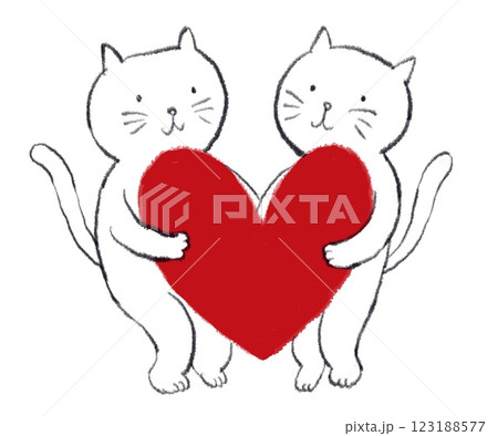 ハートを抱える猫達　にじみペン風のタッチ 123188577