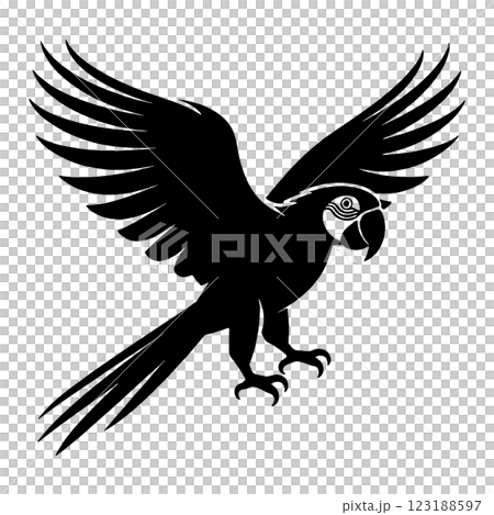 Black silhouette illustration of a flying parrot, cut out on transparent background 123188597