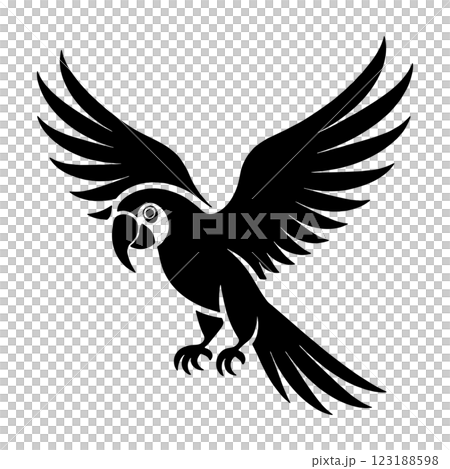 Black silhouette illustration of a flying parrot, cut out on transparent background 123188598