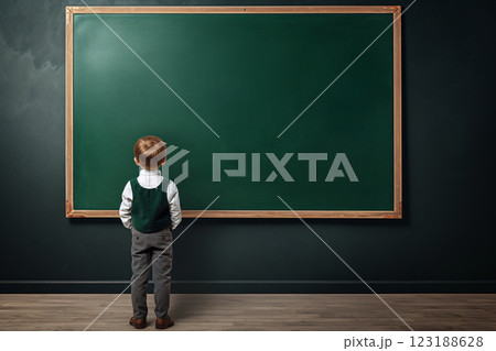 A young boy stands in front of a green chalkboard, looking at it with curiosity. Concept of wonder and learning, as the boy appears to be contemplating the information on the board 123188628