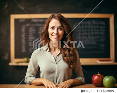 A woman with long hair is smiling at the camera in front of a chalkboard. The chalkboard has a list of words on it. There are also apples on a table in front of her 123188669