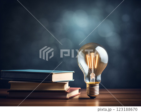 A light bulb is lit up on a table with a stack of books. The light bulb is surrounded by the books, which are arranged in a pyramid shape. Concept of creativity and inspiration 123188670