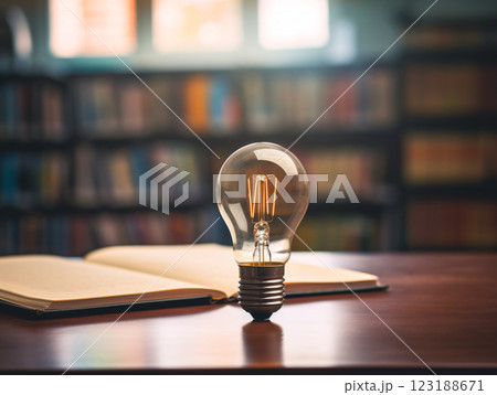 A light bulb is sitting on a table next to an open book. Scene is one of curiosity and exploration 123188671